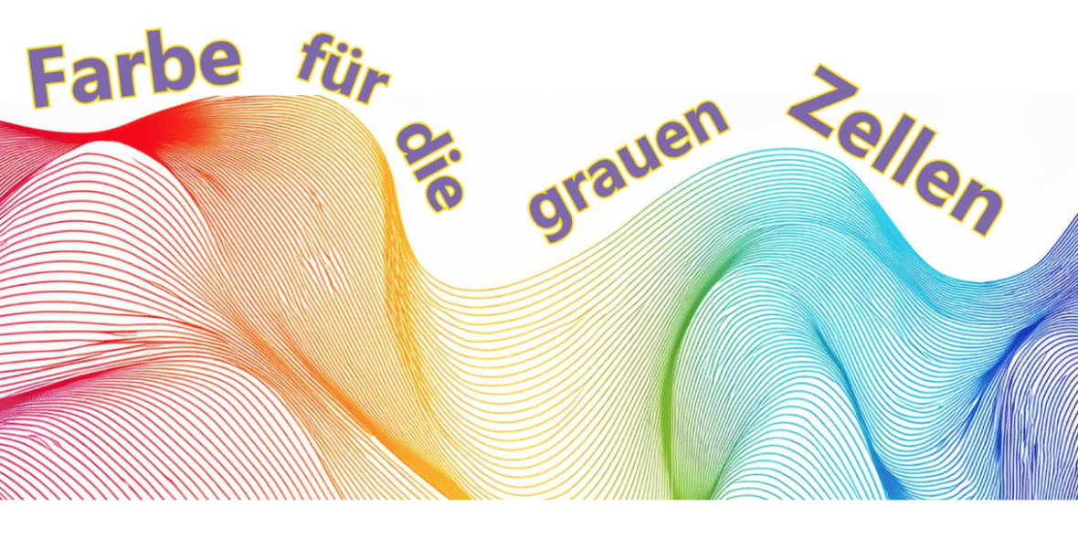 Schriftzug „Farbe für die grauen Zellen“ und eine Grafik mit Farben und fließenden Linien
