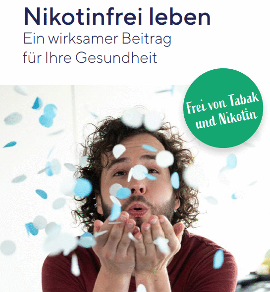 Text: Nikotinfrei leben. Ein wirksamer Beitrag für Ihre Gesundheit. Frei von Tabak und Nikotin. Bild: Mann pustet Konfetti.